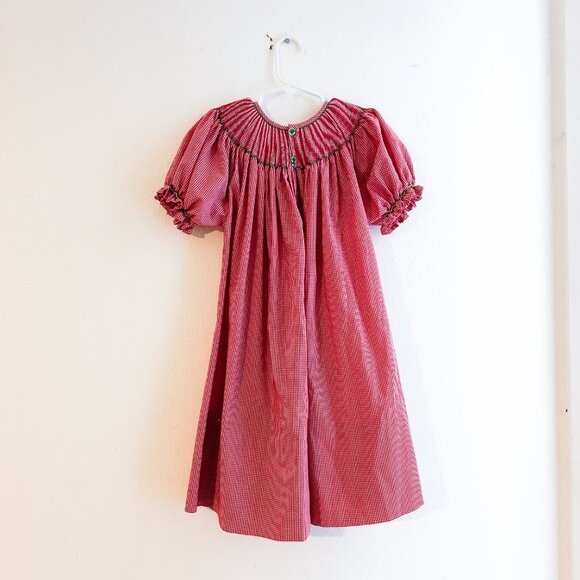 Girls Smocked Dalmatian Firefighter Red Gingham Puff Sleeve Dress - Picture 5 of 7